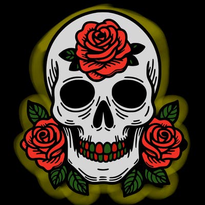 a skull with roses coming out of the eyes