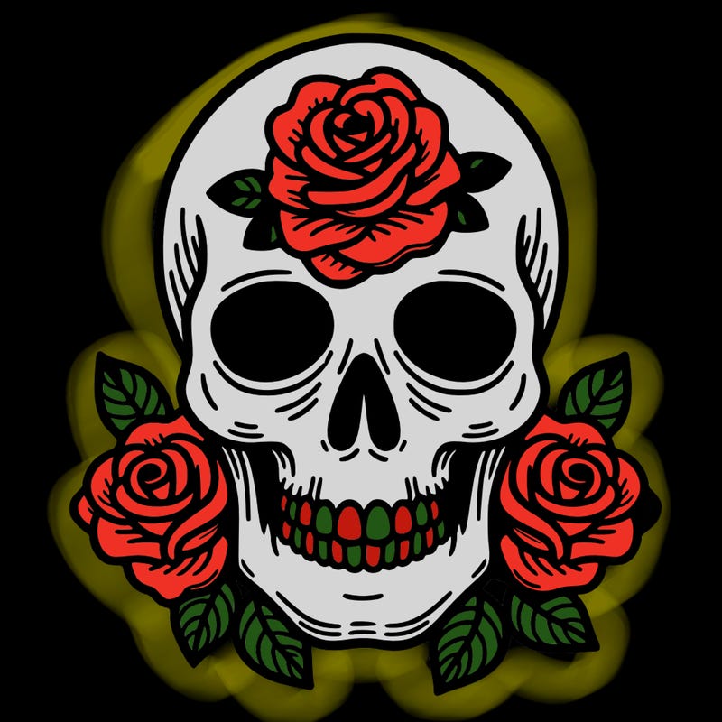 a skull with roses coming out of the eyes