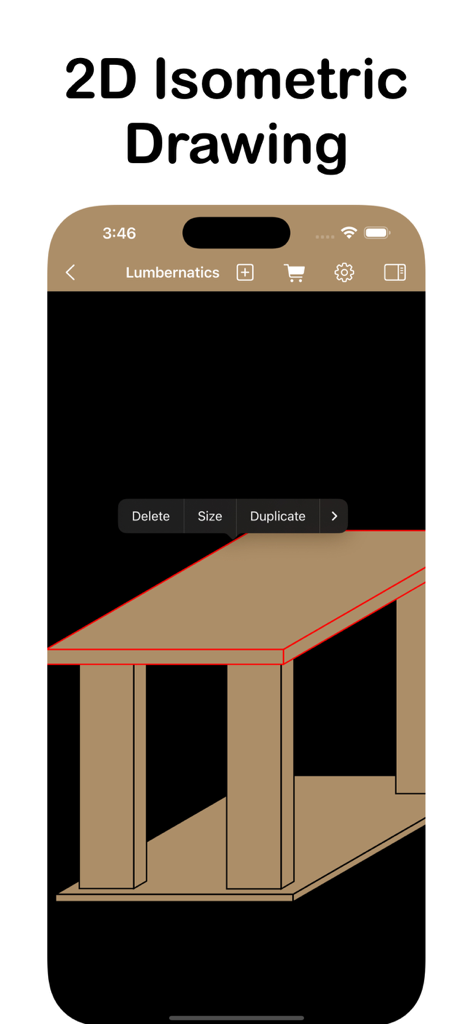 Dibujo isométrico 2D de proyecto de madera en la interfaz de la aplicación Lumbernatics