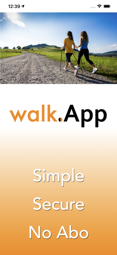 walk.App - Walking with GPS - 「シンプル、セキュア、登録不要」のテキストと共に、ノルディックウォーキングをする女性を表示するwalk.Appのスプラッシュ画面。
