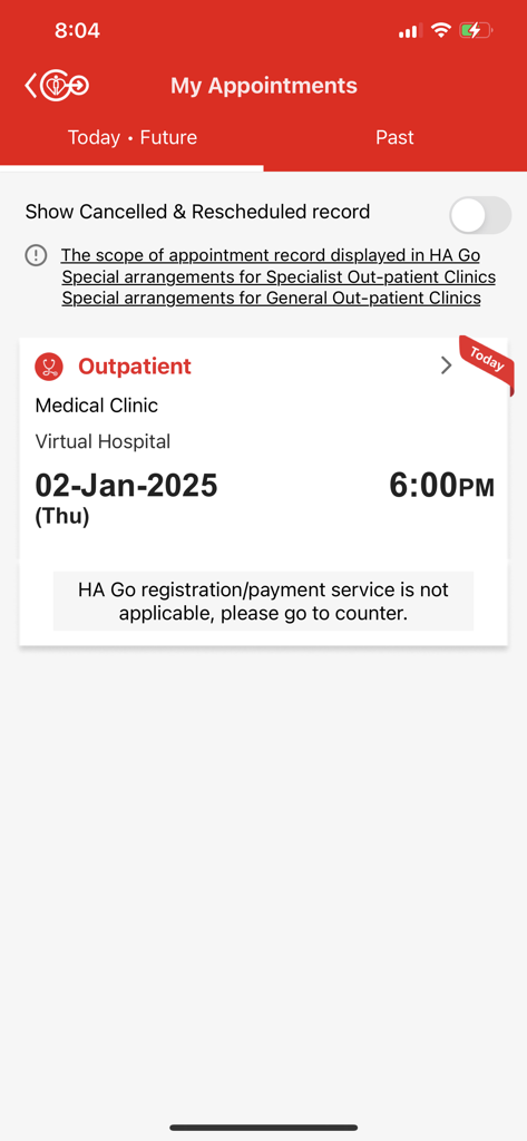 Mobile screen of the HA Go app My Appointments section showing a scheduled outpatient clinic visit