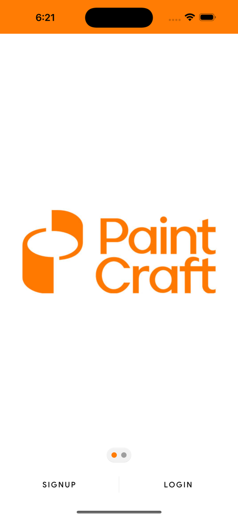 PaintCraft app splash screen featuring the logo and options to signup or login.