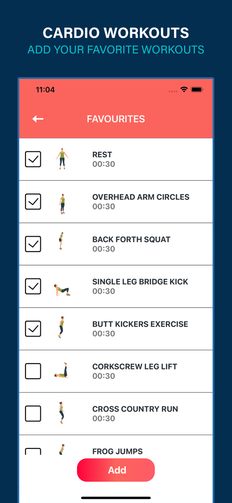 選択して「お気に入り」に追加するエクササイズリストが表示されたCardio Fitnessアプリ画面