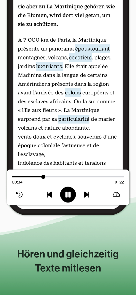 Interface de l'application Écoute montrant un texte français sur la Martinique avec un lecteur audio intégré pour la lecture et l'écoute simultanées