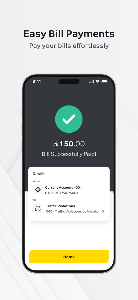 SAIB Mobile app interface showing a successful bill payment confirmation for traffic violations