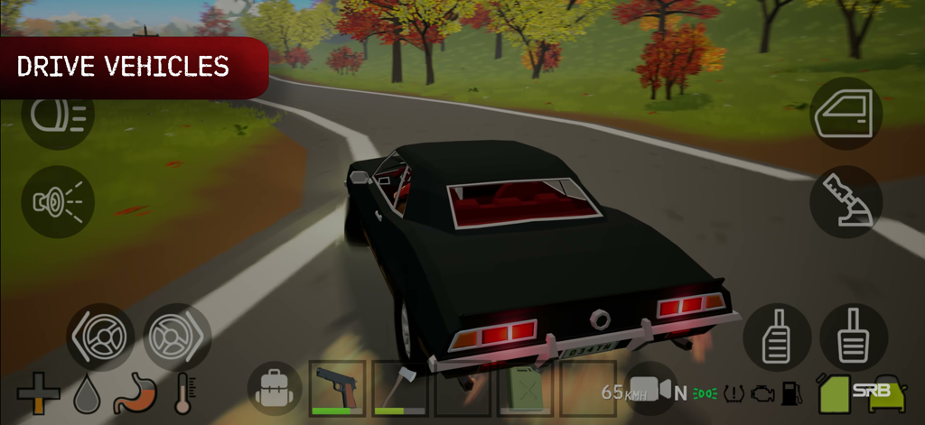 FateZ: Zombie Survival - Captura de pantalla del juego que muestra un coche negro siendo conducido por una carretera en el mundo low poly de FateZ Zombie Survival.