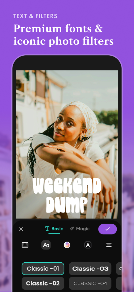 BEAM photo editor interface displaying premium fonts and filters with a Weekend Dump text overlay on a portrait