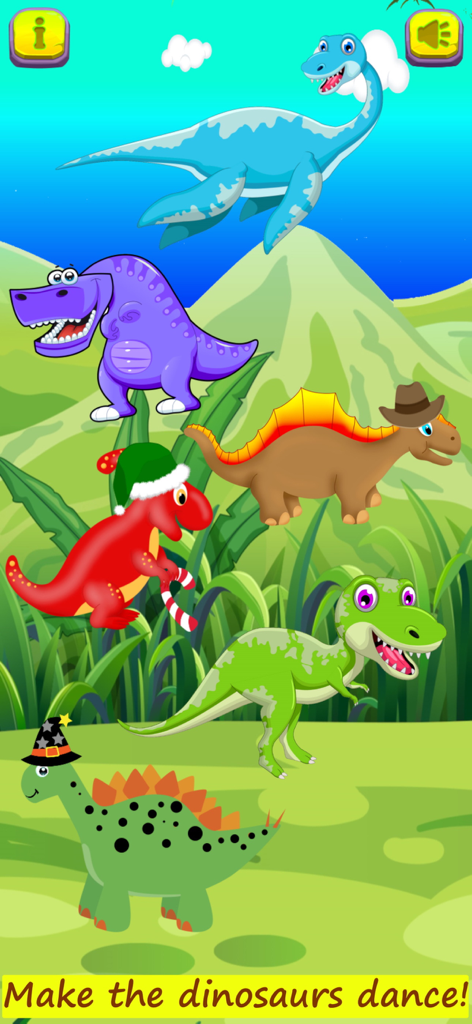 Dinosaur Games For Kids - FULL - Dinosaurios de dibujos animados de colores con sombreros divertidos bailando en una selva prehistórica.