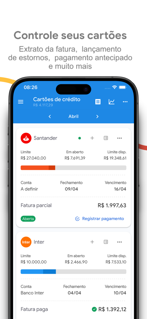 Un panel de control móvil de la aplicación Minhas Finanças que muestra la gestión de tarjetas de crédito, incluidos límites, saldos y estado de pago de varias cuentas bancarias.