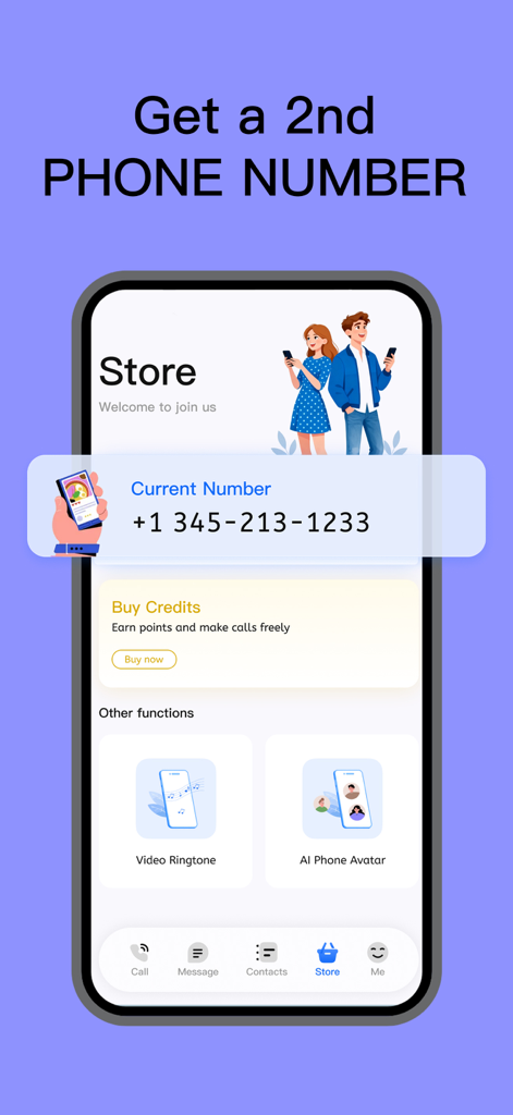 Skycaller:Unlimited Call&Text - Skycaller app screen showing a second phone number interface with options to buy call credits