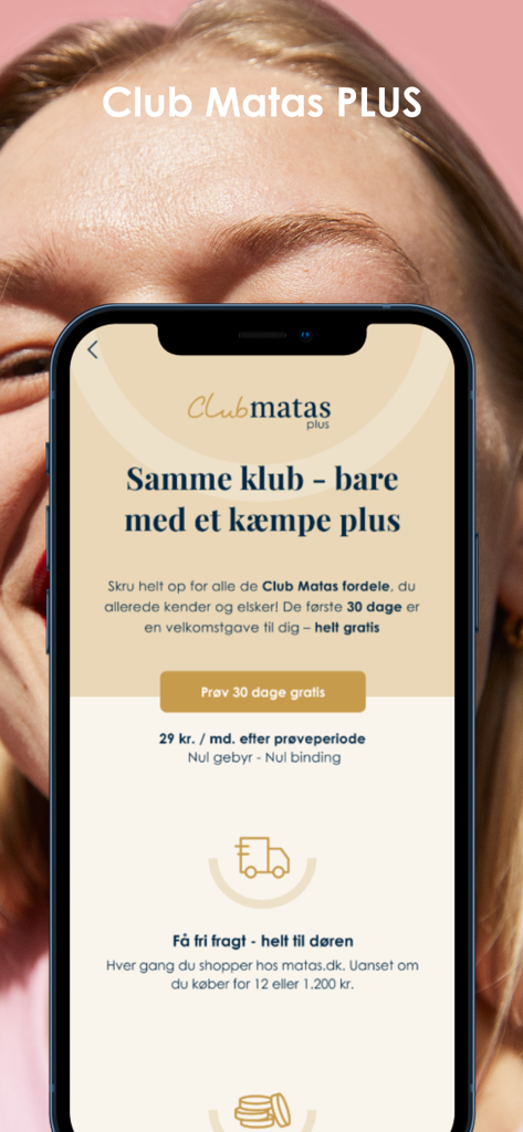 Club Matas - クラブマタスPLUSアプリの画面に、30日間の無料トライアルオファーと送料無料などのプレミアム特典が表示されています。