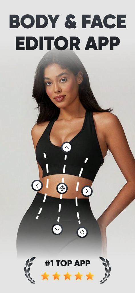 A woman in fitness wear demonstrating the body slimming and shaping features of the Photo Editing app with a top rating badge