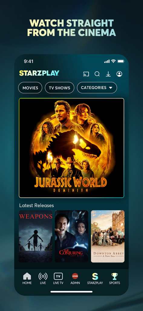 STARZPLAY ستارزبلاي - L'interface de l'application STARZPLAY présente les dernières sorties cinéma, dont Jurassic World : La Domination.
