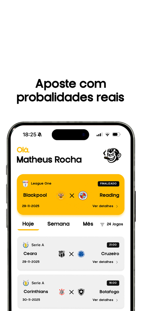 Oberfläche der Monkey Tips App, die Fußballspielvorhersagen und Echtzeit-Wettwahrscheinlichkeiten anzeigt