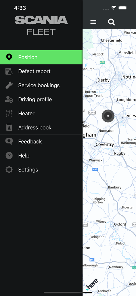 Scania Fleet - Scania Fleet app interface showing navigation menu and vehicle positioning map