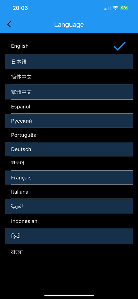Countdown - When Will I Die? - Language settings screen in the Countdown app showing a list of supported languages