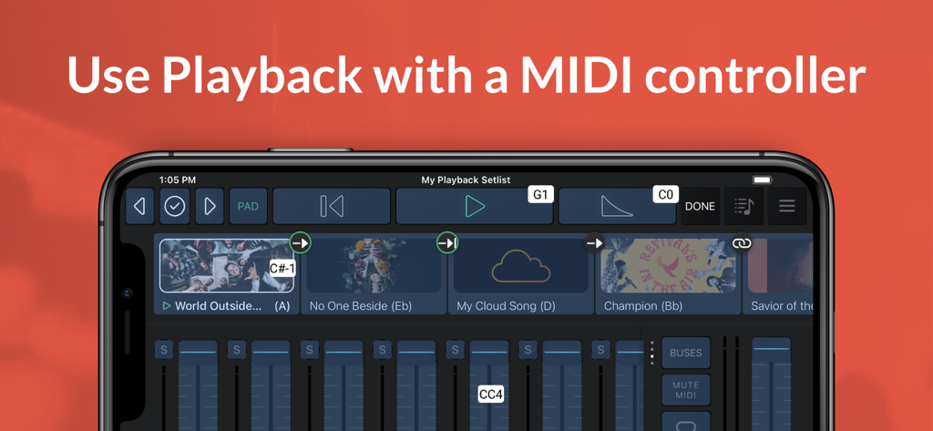 Playback - スマートフォン上のプレイバックアプリのインターフェース。音楽セットリストとMIDIコントローラーサポート付きオーディオミキサーを表示。