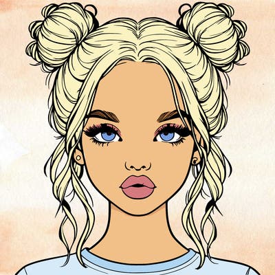 realistic girl with two buns in hair and lips