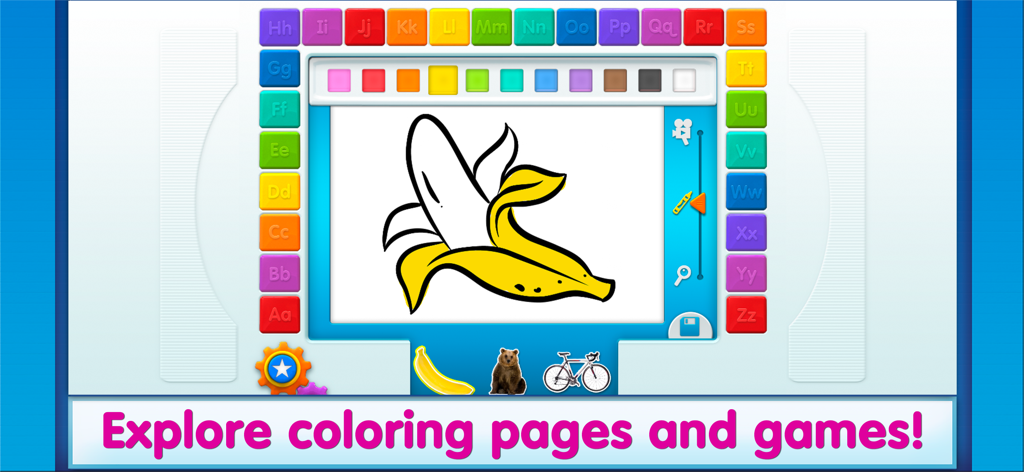 Elmo Loves ABCs - Interactive digital coloring page of a banana with a color palette and alphabet border in the Elmo Loves ABCs app.