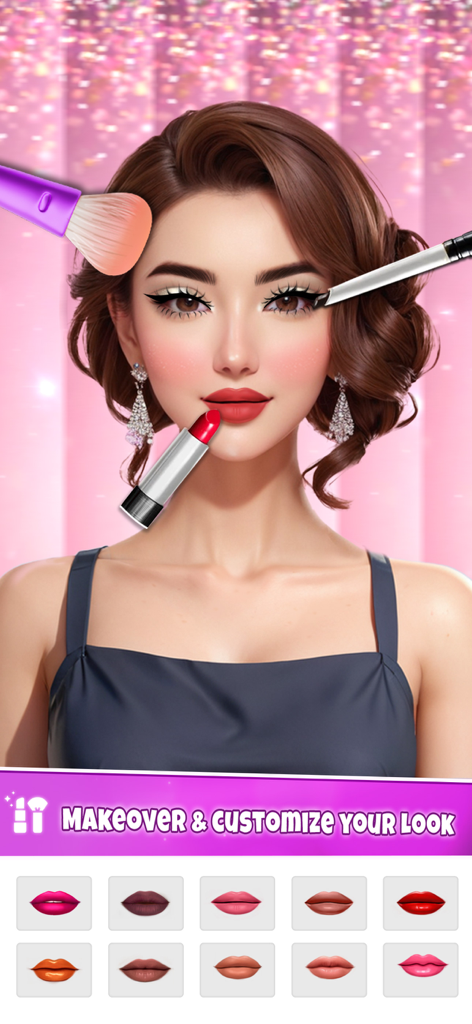 Makeup Game - Fashion Makeover - Tela de makeover de personagem com ferramentas de maquiagem e seleção de batom