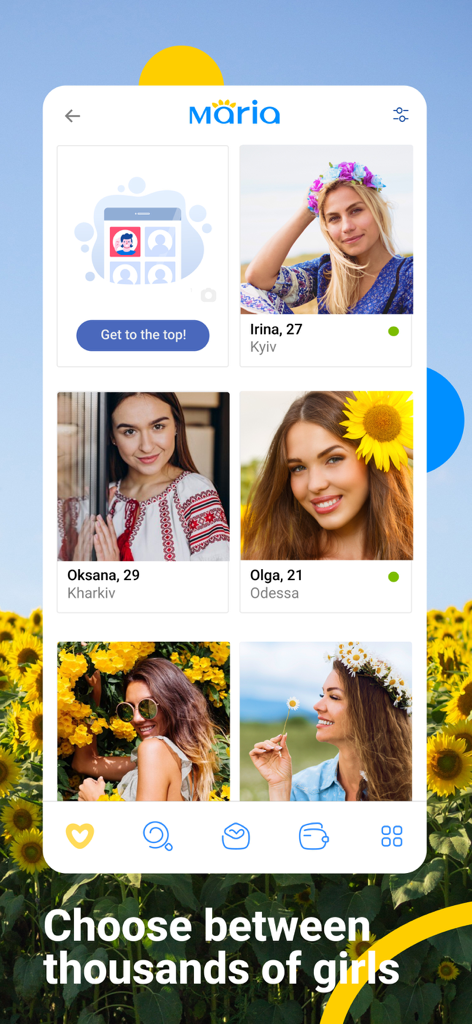 Maria Dating App Benutzeroberfläche zeigt Profile von schönen Ukrainerinnen mit ihrem Namen, Alter und Wohnort