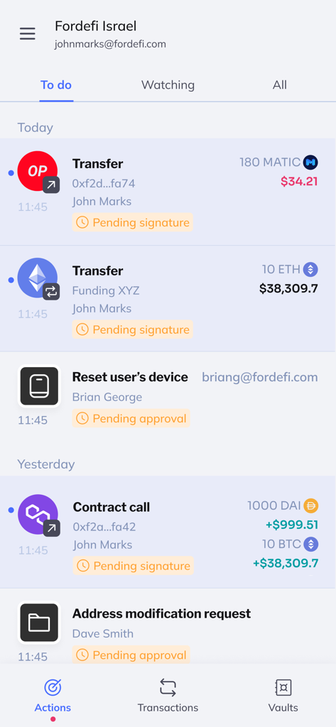 Fordefi app screen showing a list of pending transaction signatures and administrative approvals for institutional DeFi users