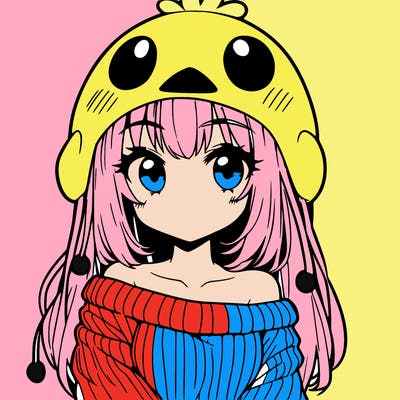 anime girl with chick shaped hat with sweater with bare shoulders with bangs covering them one eye with low tail
