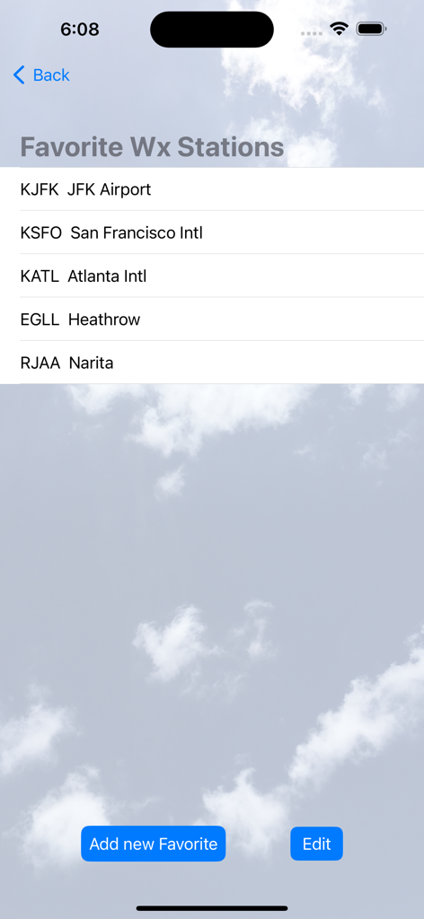 Aviator's Instant Weather - A list of favorite aviation weather stations showing major airports like JFK, San Francisco Intl, and Atlanta Intl.