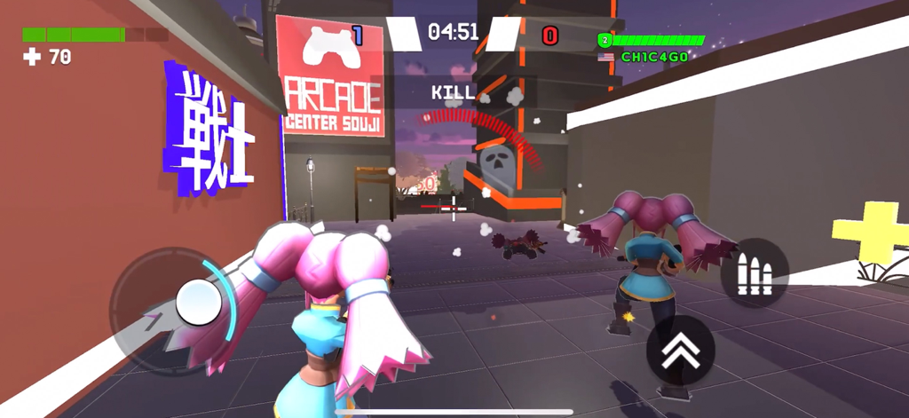 Venge Arena: Online Shooter - Third-person gameplay of Venge Arena showing a 3v3 team battle in an urban arena with stylized characters.