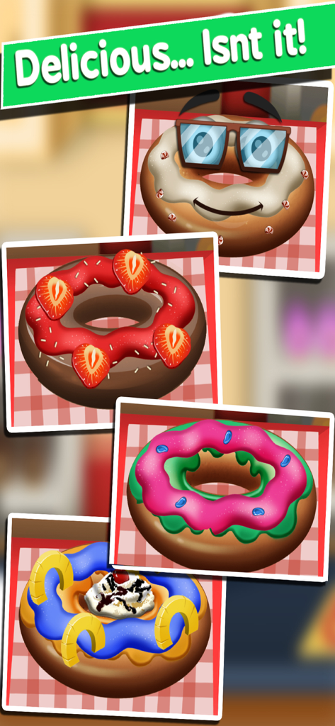 Gallery of creatively decorated donuts with various colorful toppings and icing in Donut Games