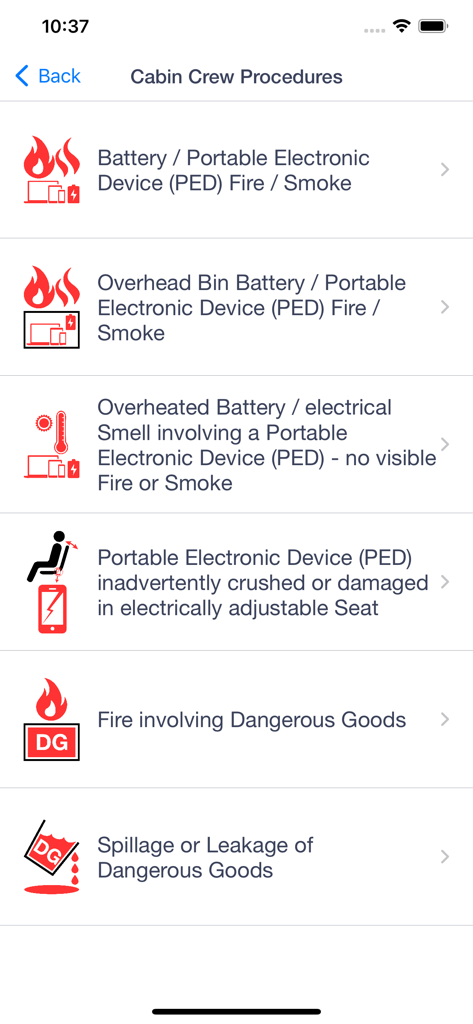 ERG Drill Codes - List of aviation emergency procedures for cabin crew including battery fires and dangerous goods incidents