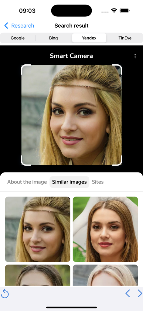 Reverse Image Search Identify - App interface showing reverse image search results for a face with similar images from Yandex