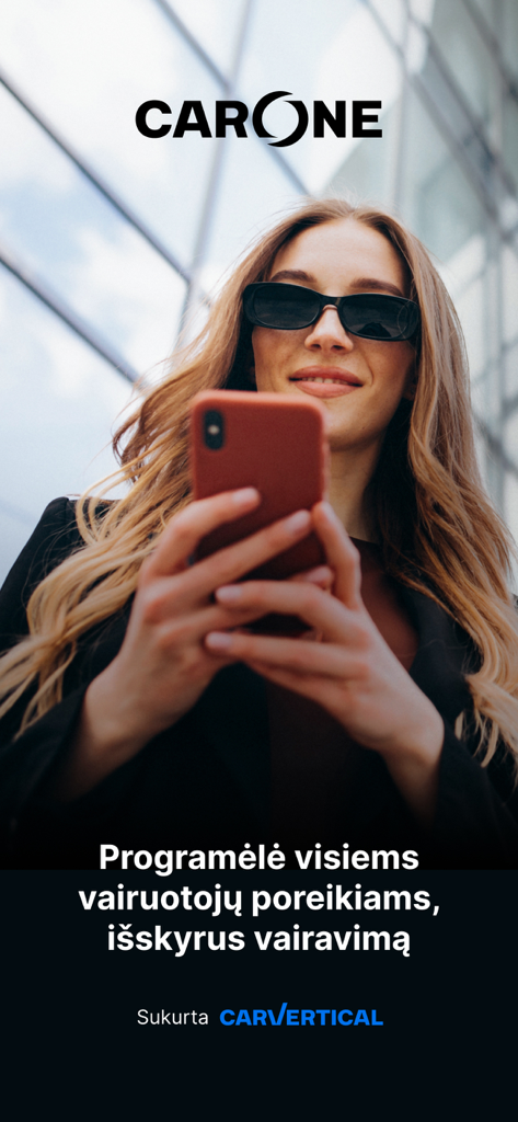 carOne - A woman using the carOne mobile app developed by carVertical