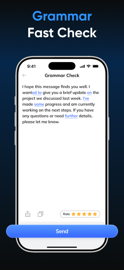 AI Email Writer: Lazy Mail - AI Email Writer app interface showing the grammar fast check feature on a professional email draft