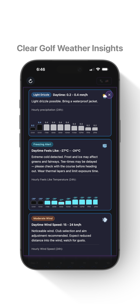 Golf Weather Pro – 30D - Mobile app screen showing detailed golf weather insights including drizzle, freezing alerts, and moderate wind data with hourly charts.