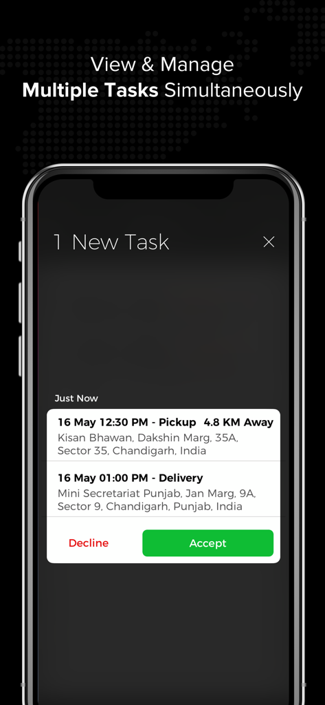Tookan Agent - Tookan Agent app screen displaying a new task with pickup and delivery details.