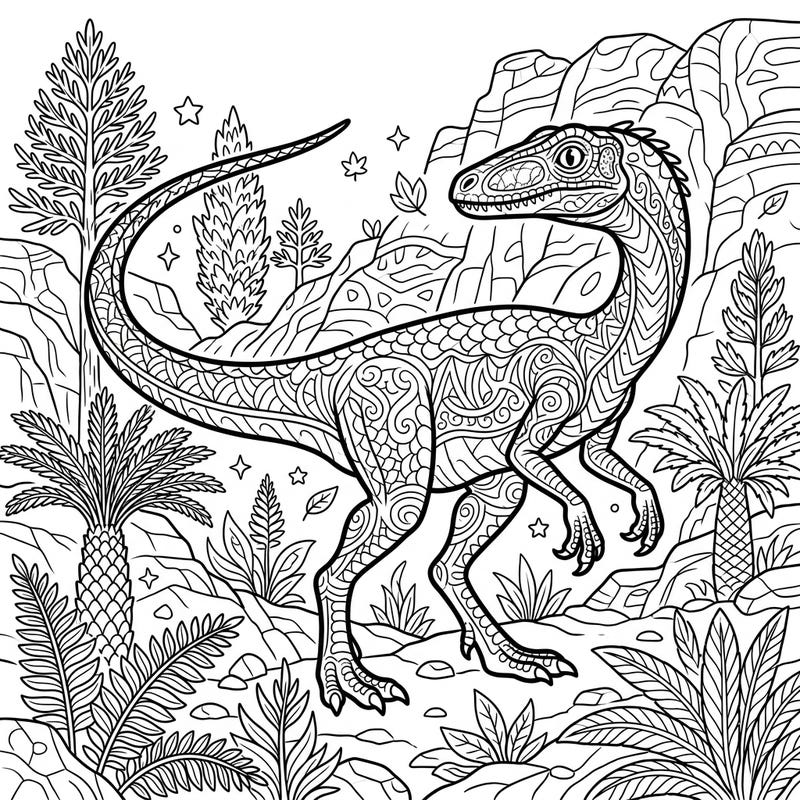 Explore the ancient world with this mesmerizing Coelophysis coloring page, designed specifically for adult enthusiasts. Its complex patterns and prehistoric setting offer a unique blend of historical discovery and artistic relaxation.