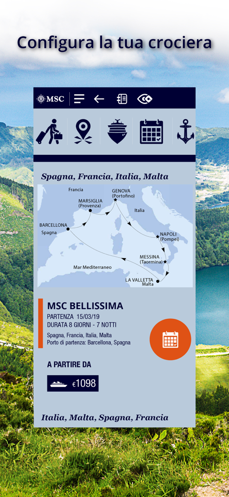 MSC 360VR - MSC 360VR app screen displaying a Mediterranean cruise map and itinerary for the ship MSC Bellissima
