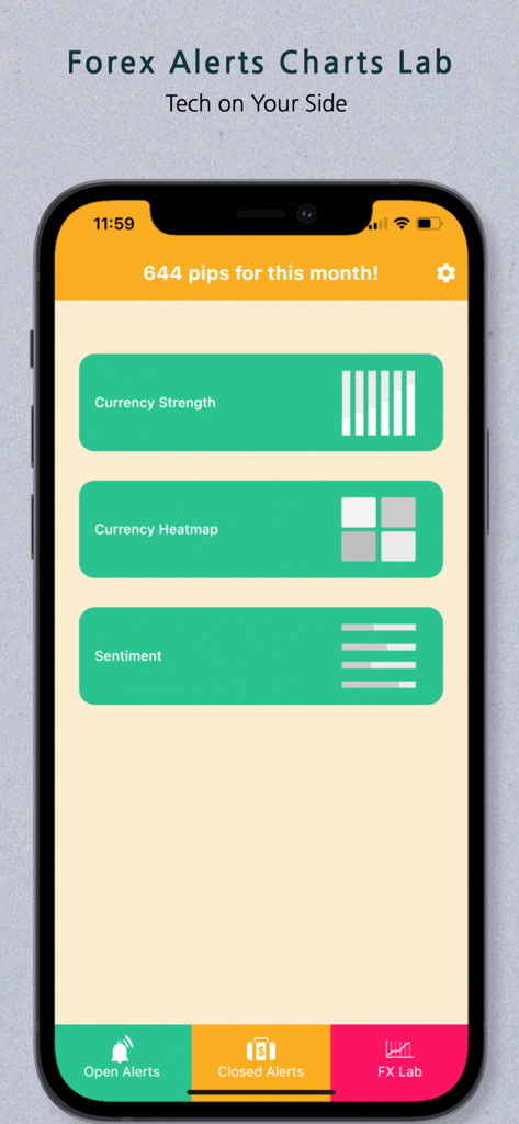 Forex Alerts app interface displaying trading tools like currency strength and sentiment analysis