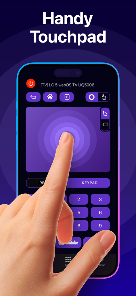 스마트 TV 제어를 위한 반응성 터치패드 기능을 표시하는 RemoTV 앱 인터페이스