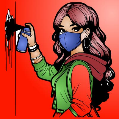 realistic girl with mask spray painting a wall