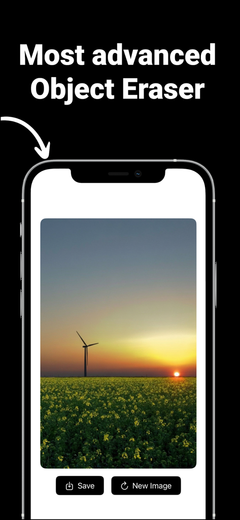 Remove Objects from Photo: PRO - Un smartphone mostrando la interfaz de la aplicación Remove Objects from Photo PRO con un paisaje de atardecer.