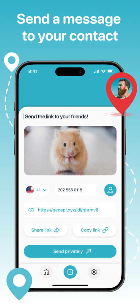 Oberfläche der Phone Tracker-App, die zeigt, wie ein Link zum Teilen des Standorts an einen Kontakt gesendet wird.