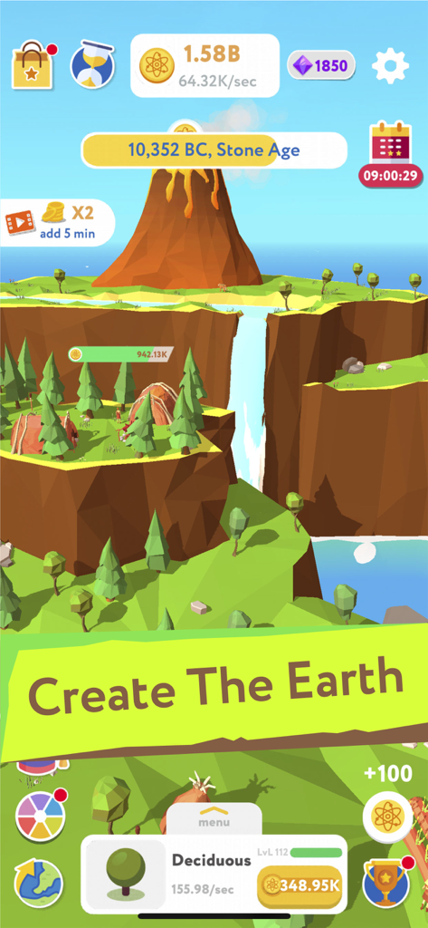 Idle Evolution Tycoon Clicker - Idle Evolution Tycoon Clicker screenshot showing a Stone Age landscape with a volcano and waterfall.