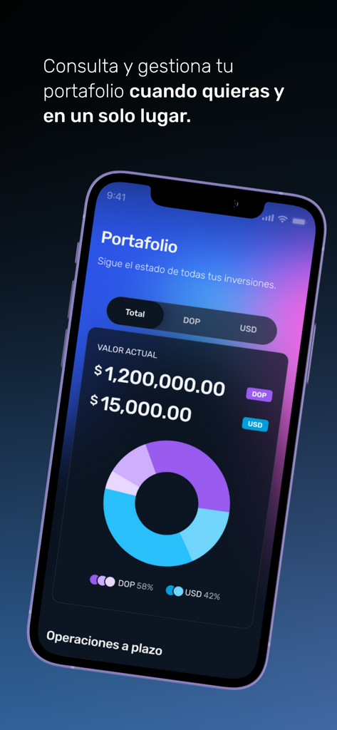 Alpha Puesto de Bolsa - Panel del portafolio de inversiones en la aplicación Alpha Puesto de Bolsa que muestra la distribución de activos con un gráfico circular y valores de divisas