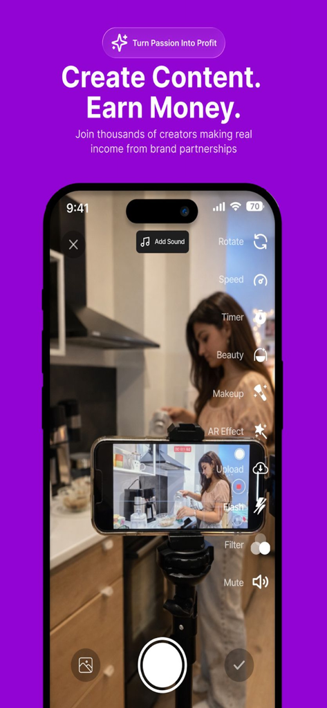 Smartphone display showing the Hipi app recording interface with a creator filming a video and text encouraging users to earn money.