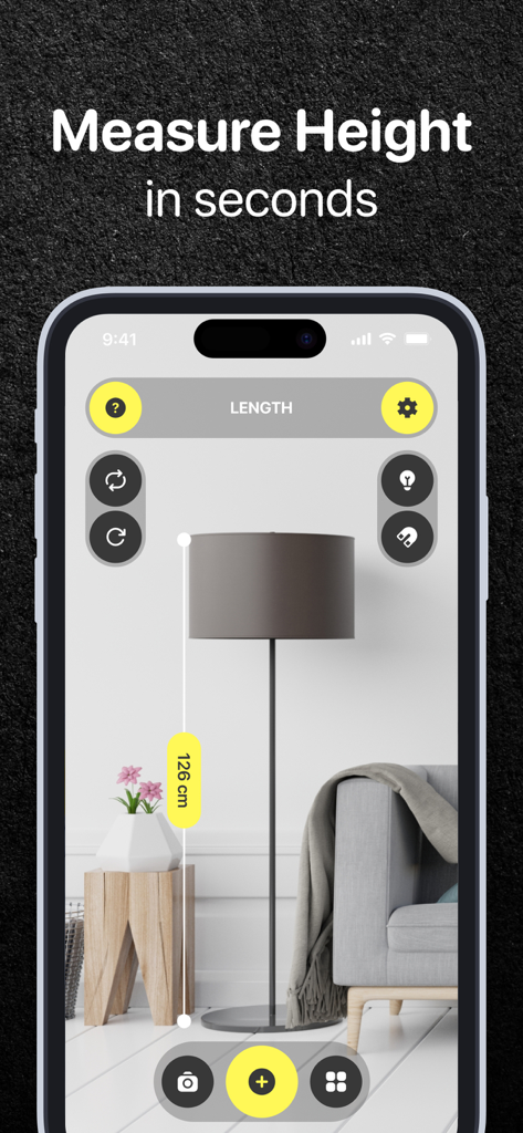 Level Tool・Tape Measure Арр - Tela do iPhone mostrando o aplicativo de fita métrica AR medindo a altura de um abajur