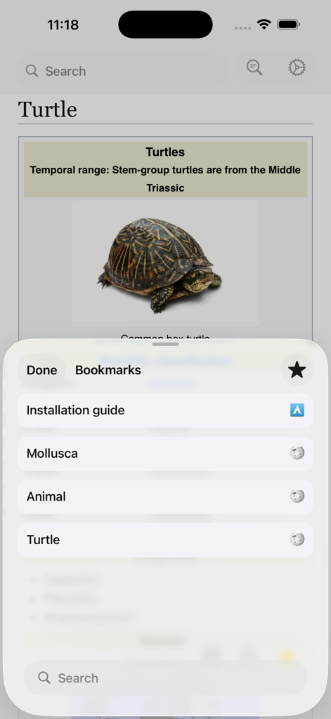 Kiwix mobile app showing an offline Wikipedia article about turtles with a bookmarks menu overlay