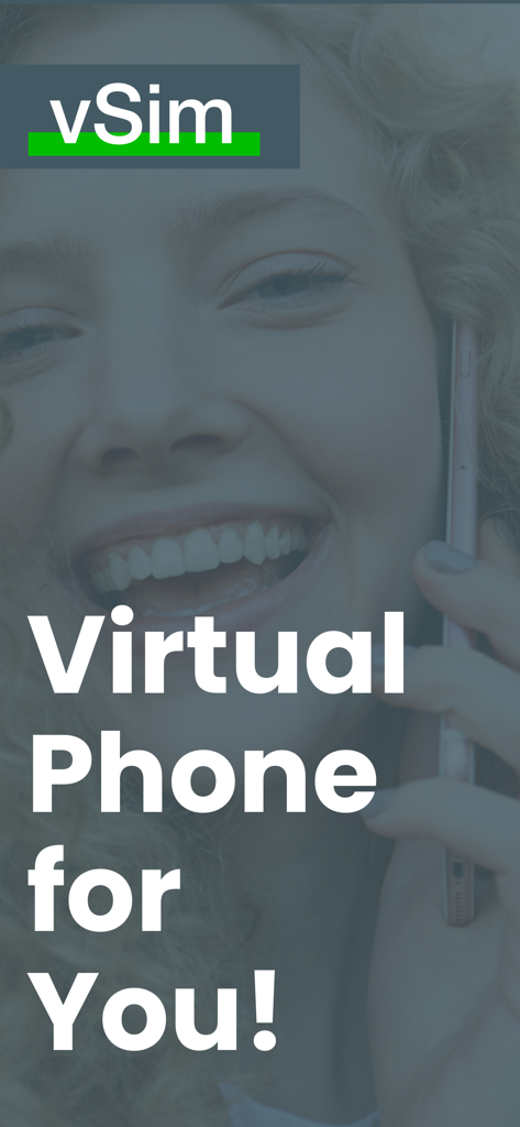 vSim app splash screen featuring a smiling woman on a phone call with the text Virtual Phone for You