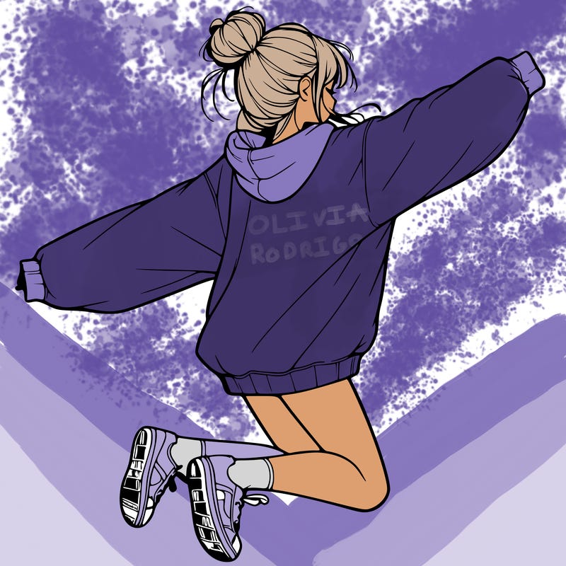 realistic girl jumping with a bun and oversized sweatshirt